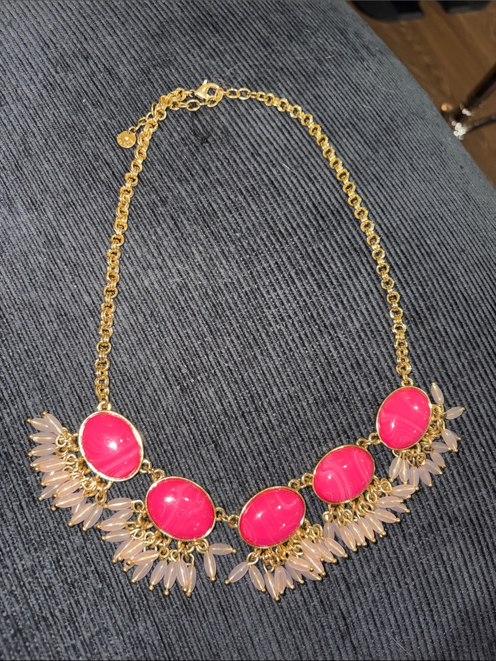 25- Talbots statement Gold Necklace with Hot Pink Stones and Cream Accents